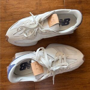New Balance White and Tan 327 Sneakers